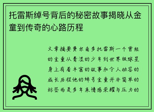 托雷斯绰号背后的秘密故事揭晓从金童到传奇的心路历程